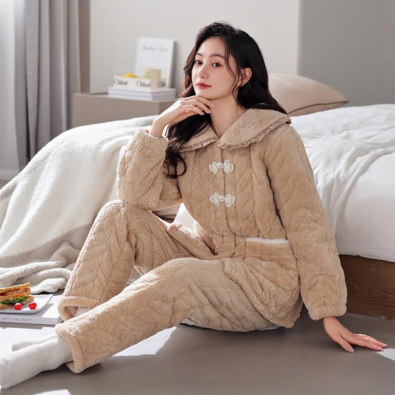 Coral Fleece Three-Layer Padded Pajamas Women'S Autumn And Winter Thickened Warm Padded Jacket Loungewear Set