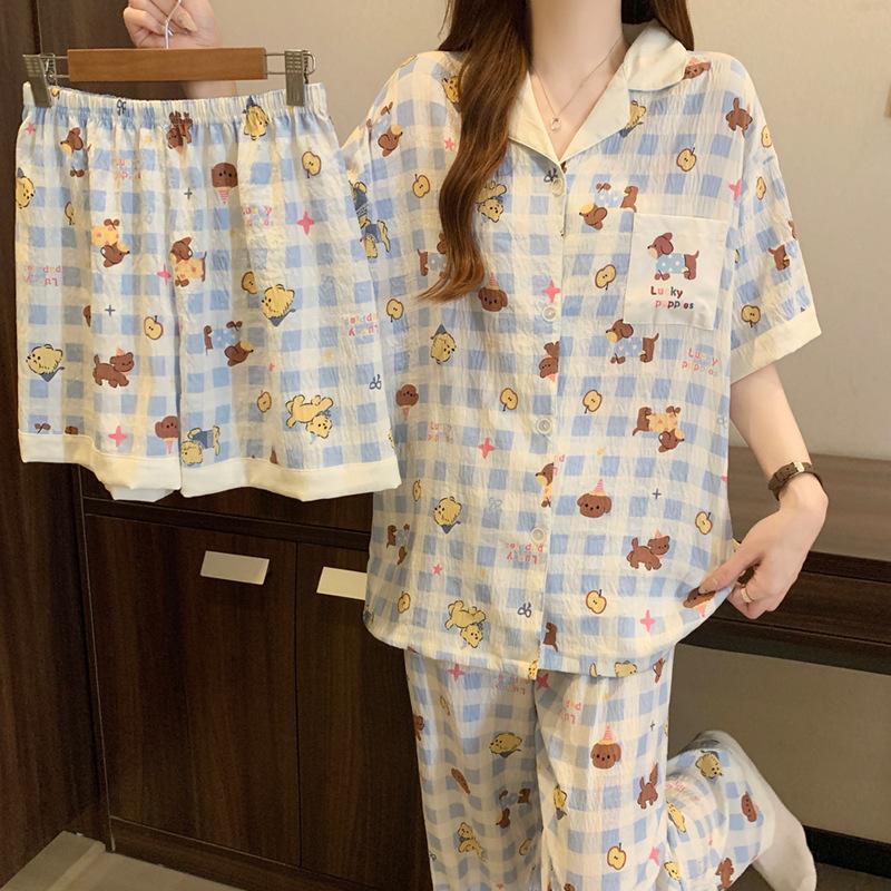 Cute Plaid Apple Puppy Pajamas Women'S Summer Cloud Cotton Short-Sleeved Three-Piece Set Thin Loungewear