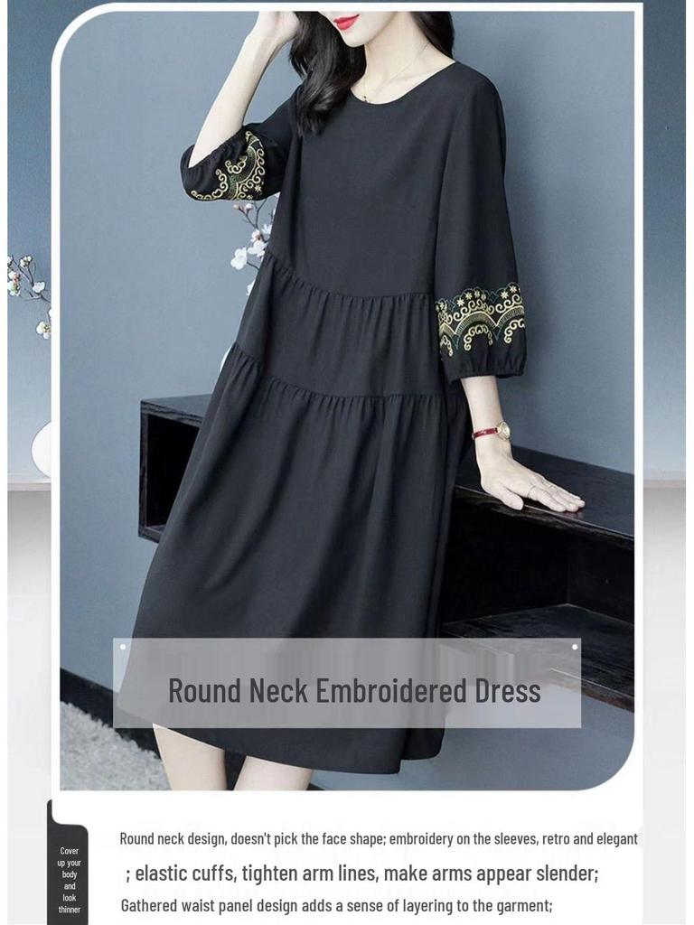 Vestido de Verano Étnico Bordado de Cuello Redondo - Costuras Retro Ajuste Holgado Slim para Tallas Grandes