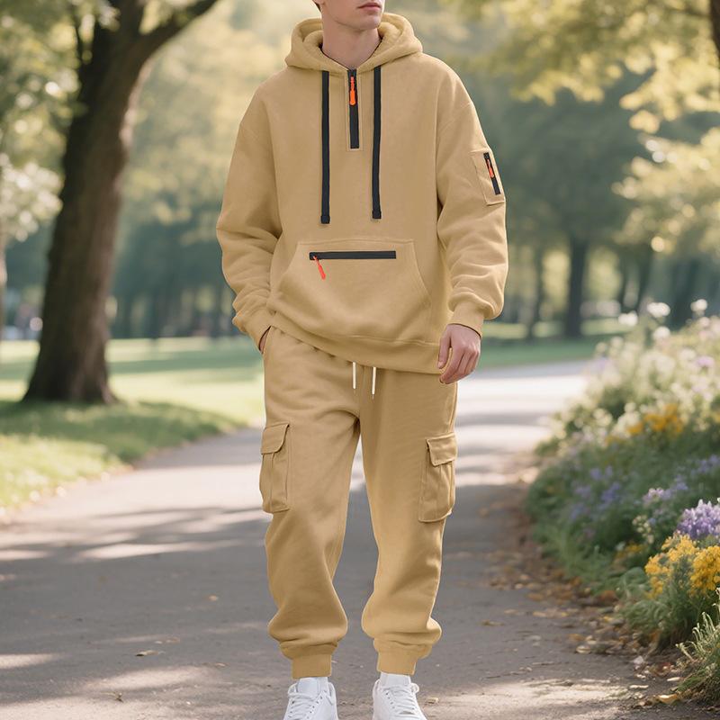 Mens Warm Thick Multiple Pockets Hooded Sweatshirt And Cuffed Sweatpants Two Piece Sports Set
