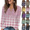 Women's Fashion V-Neck Button-Up T-Shirt With Patchwork Print Long-Sleeved Top