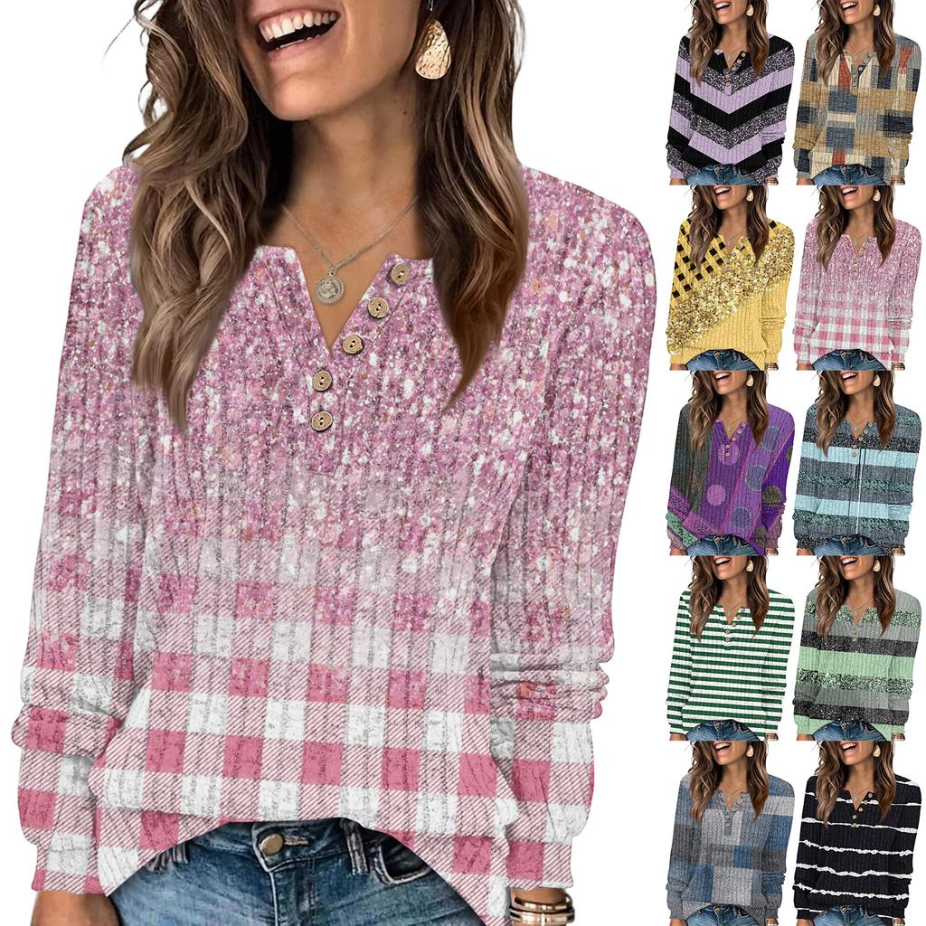 Women's Fashion V-Neck Button-Up T-Shirt With Patchwork Print Long-Sleeved Top