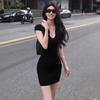 French pure desire style sexy low-neck buckle short-sleeved dress women's summer new slim and thin solid color hip-wrapped short skirt