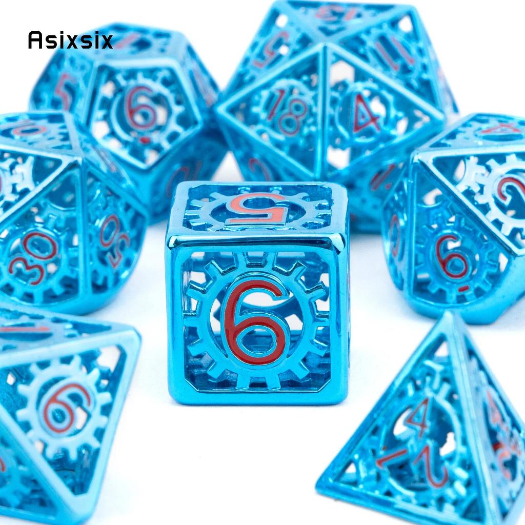 7 Pcs Red Blue Gear Wheel Metal Dice Hollow Metal Polyhedral Dice Set Suitable for Role-Playing RPG  Board Game Card Game