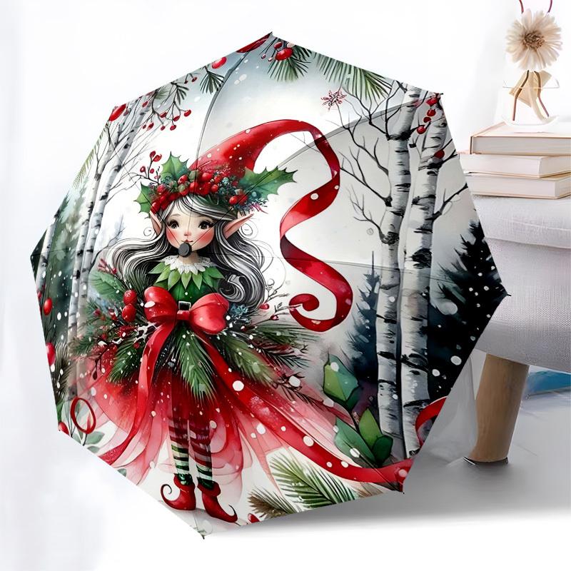 

1pc Christmas Elf Automatic Opening Folding Umbrella with Red Bow, Green Leaves, Holly Berries, and Snowy Background, Perfect for Fans, Travelers, Dai