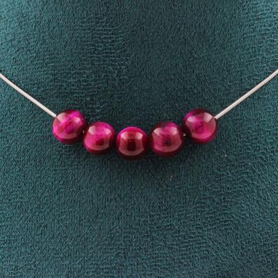 Stones and Minerals. Necklace 5 Fuchsia Tiger Eye Beads 8 Mm. Steel Chain Necklace Women, Men. Customizable Size.