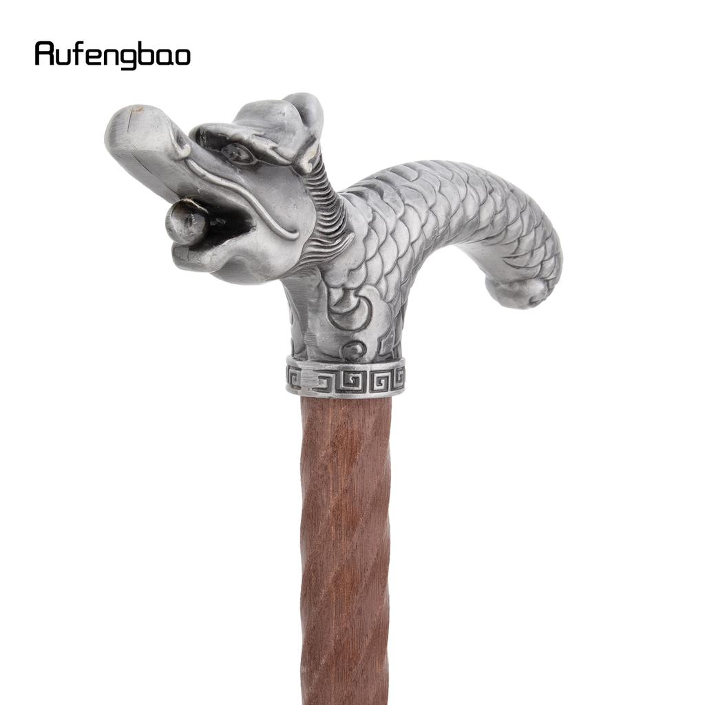 Silver Dragon Wooden Single Joint Fashion Walking Stick Decorative Cospaly Cane Halloween Mace Crutch Wand Crosier 95cm
