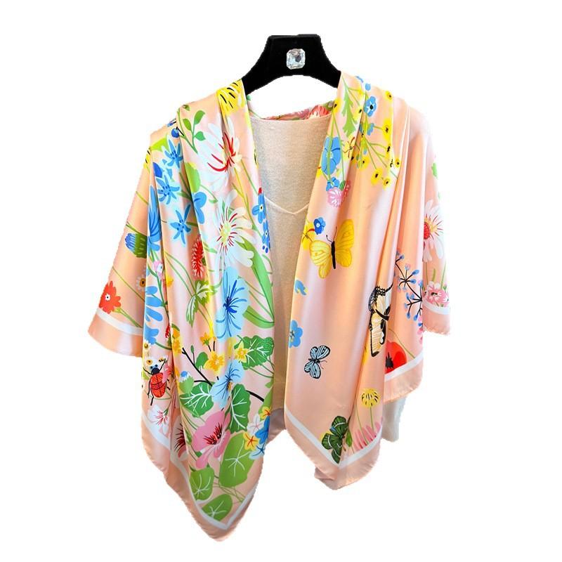 Butterfly Flower Simulation Silk Premium 111cm Large Square Scarf Silk Scarf Printed Shawl Sunscreen Scarf Headscarf Scarf