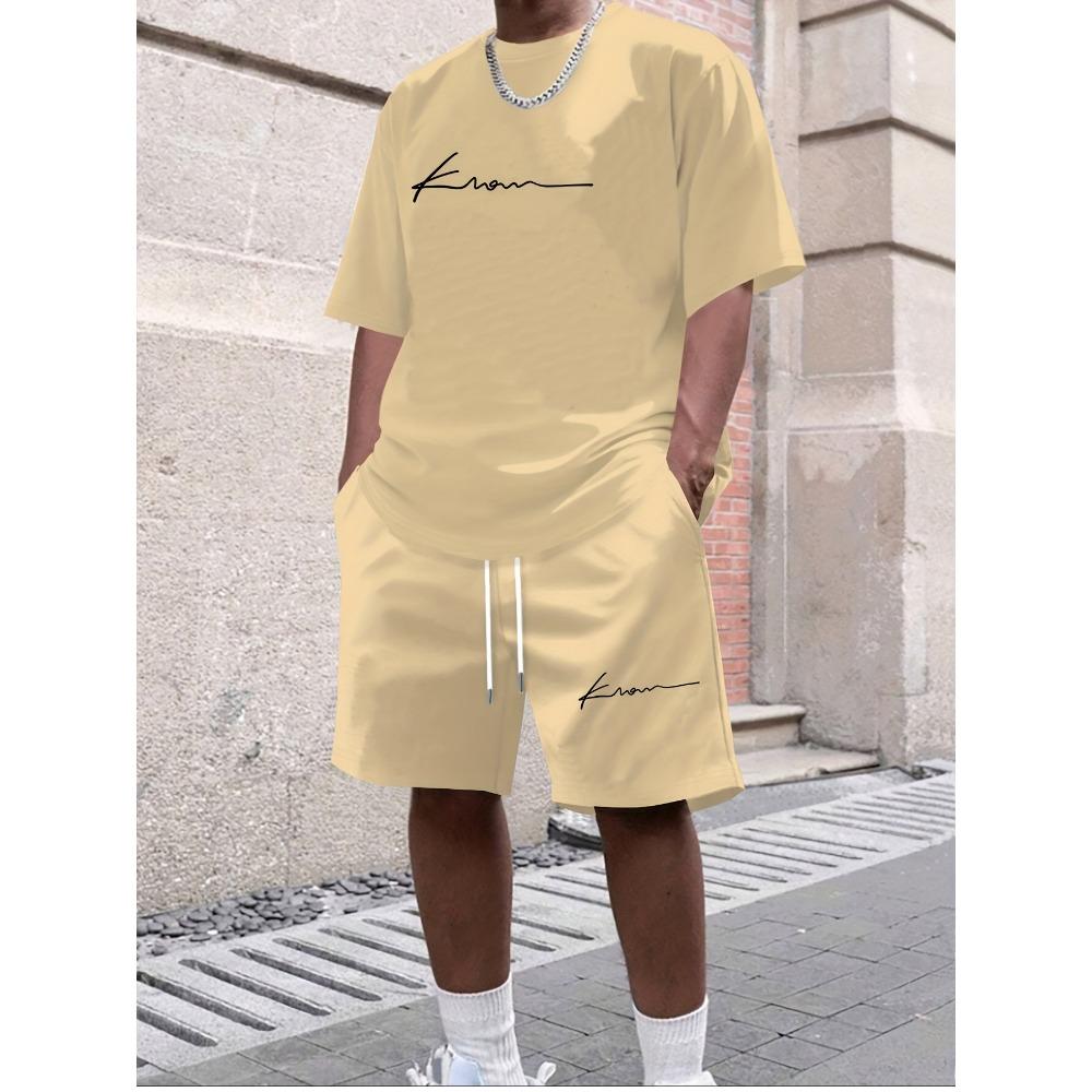 Summer New Arrival Casual Mens Printed T-Shirt Set Trendy Street Style T-Shirt Relaxed Fit Two-Piece Set Breathable Athletic Set