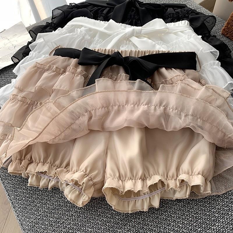 Bow Tie Tulle Tiered Mini Skirt High Waist A-Line Fluffy Cake Skirt QT2881