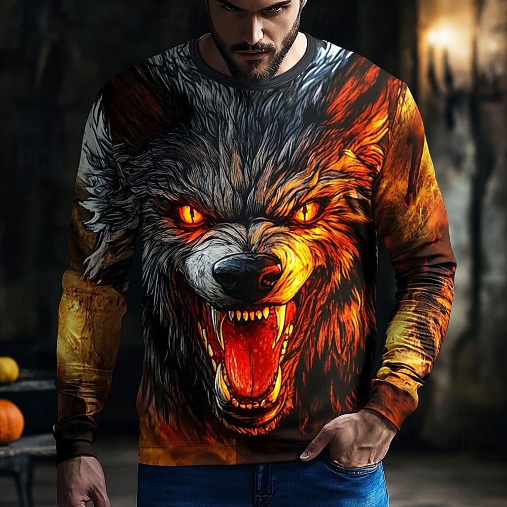 Funny 3D Wolf Pattern Men's T-shirts Hip Hop Trend Harajuku Streetwear Casual O-neck Long Sleeve Top Spring Autumn Loose Clothing