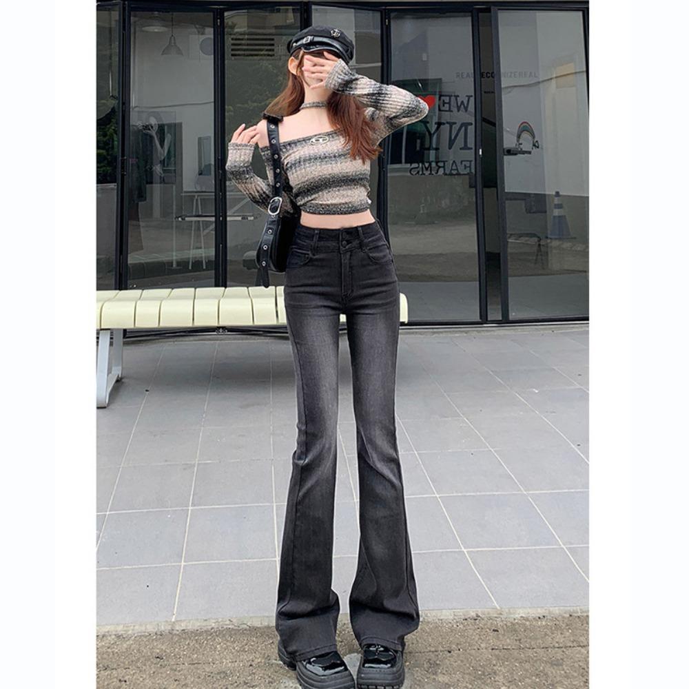 

Весенне-летние новые джинсовые расклешенные брюки женские эластичные и тонкие с двойной пряжкой на животе универсальные облегающие брюки в стиле Spice Girl инс XL