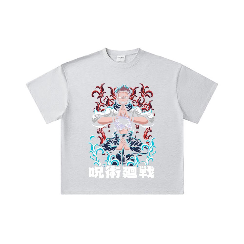 260 GSM Double Yarn 32 Count 100% Cotton Jujutsu Kaisen V49 Gojo Sukuna Print Unisex Heavy Cotton T Shirt