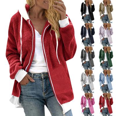 Women's Casual Fashion Loose Plush Color Block Hooded Zipper Jacket