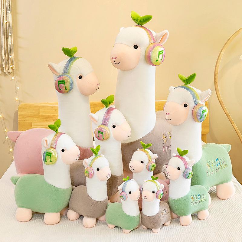 Headphones Alpaca Wear Plush Toy Soft Short Plush Stuffed Animal Home Decoration