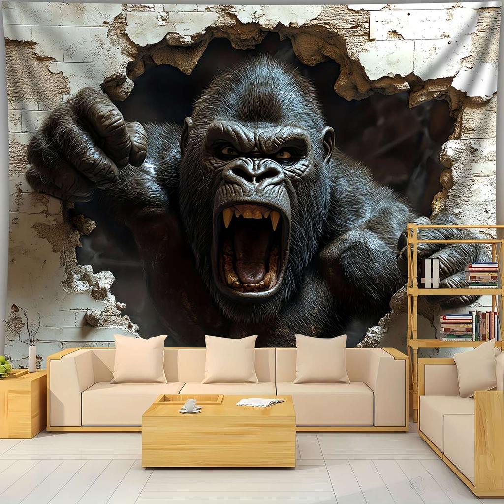 1pc 3D Dynamic Gorilla Wall Burst Effect Printed Tapestry for Living Room Bedroom Office Home Party Decoration