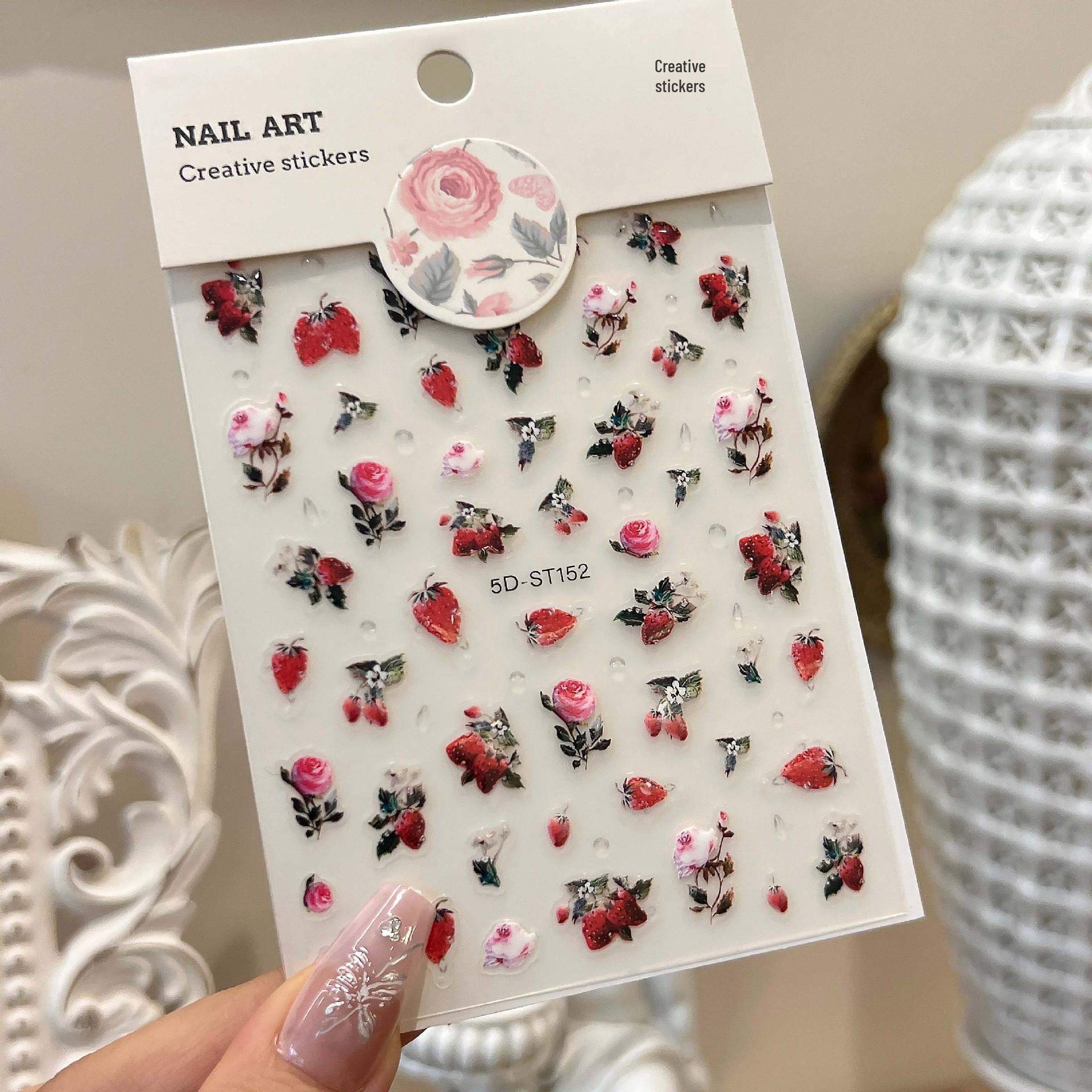 

5D Three-Dimensional Rose and Strawberry Nail Stickers - Hot Selling, Non-Curling