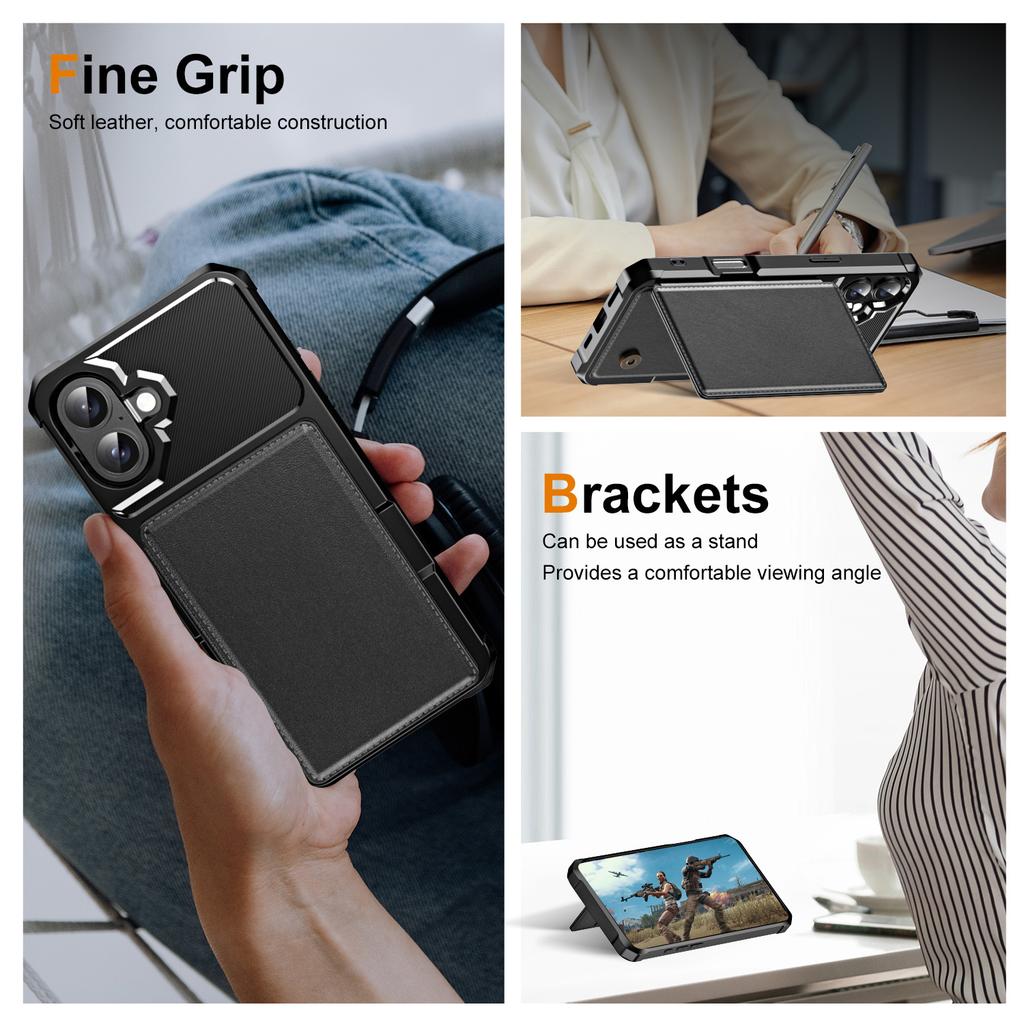 For iPhone 16 Case Card Slot Kickstand Leather+TPU Reinforced Corner Phone Cover