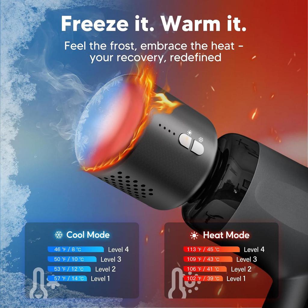 Portable Rechargeable Handheld Percussion Muscle Massager, Fascia Gun Massage Gun Head with Heat and Cool