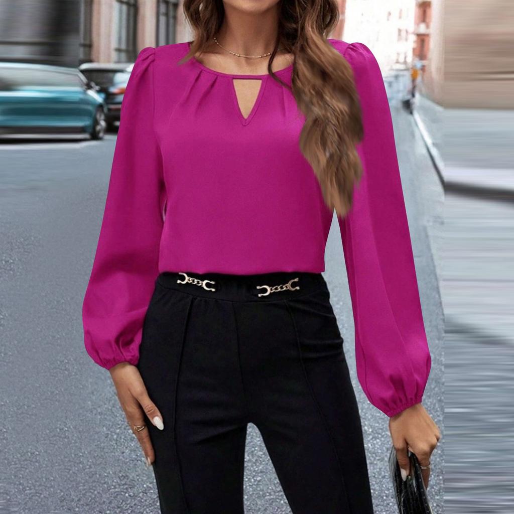 Women's Fashion Casual Solid Color Satin Shirt Casual Pleated Long Sleeve Top