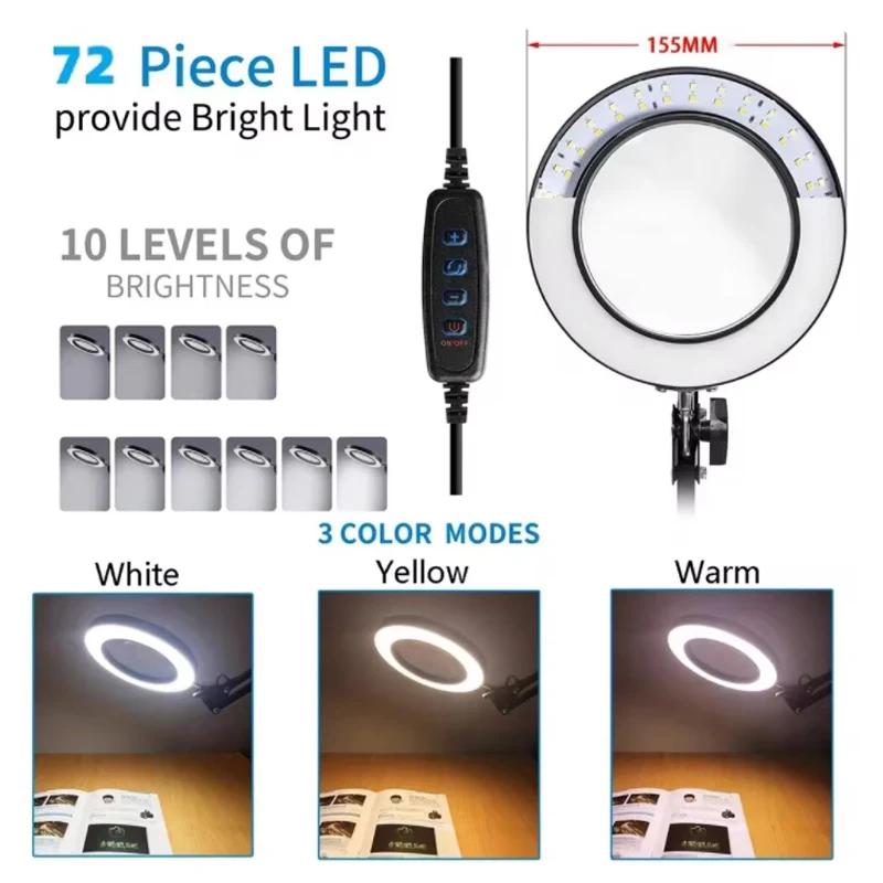 USB Magnifying Glass with 3-Color LED 72 LEDs 8X/10X Powerful Light for Soldering Iron Repair Desk Lamp Skin Care Beauty