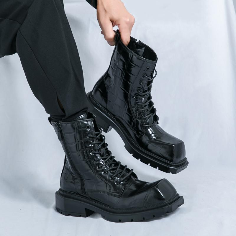 Męskie buty retro punk na grubej platformie, fajne buty podwyższające, czarne, brązowe buty motocyklowe, wysokie buty