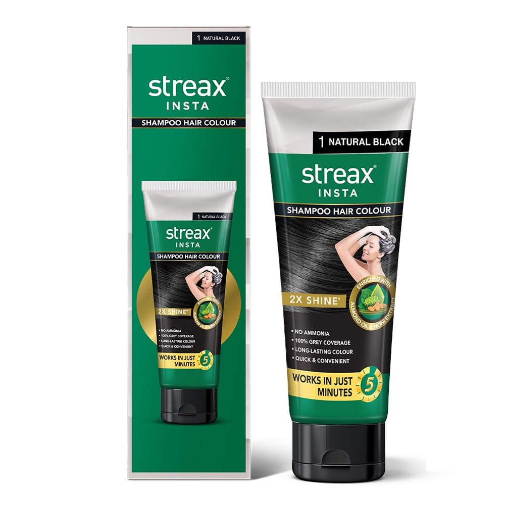 Streax Insta Shampoo Hair Colour for Women & Men Natural Black 200ml Pack of 1 100% Grey Coverage Long Lasting
