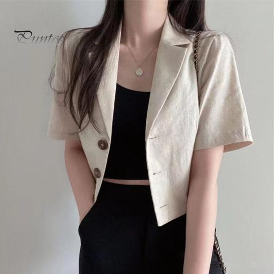 Damer Sommerdrakt Frakk Revers Kortermet Enkeltspent Knappelukking Kort Draktsjakke Ensfarget Løs Passform Business Yttertøy