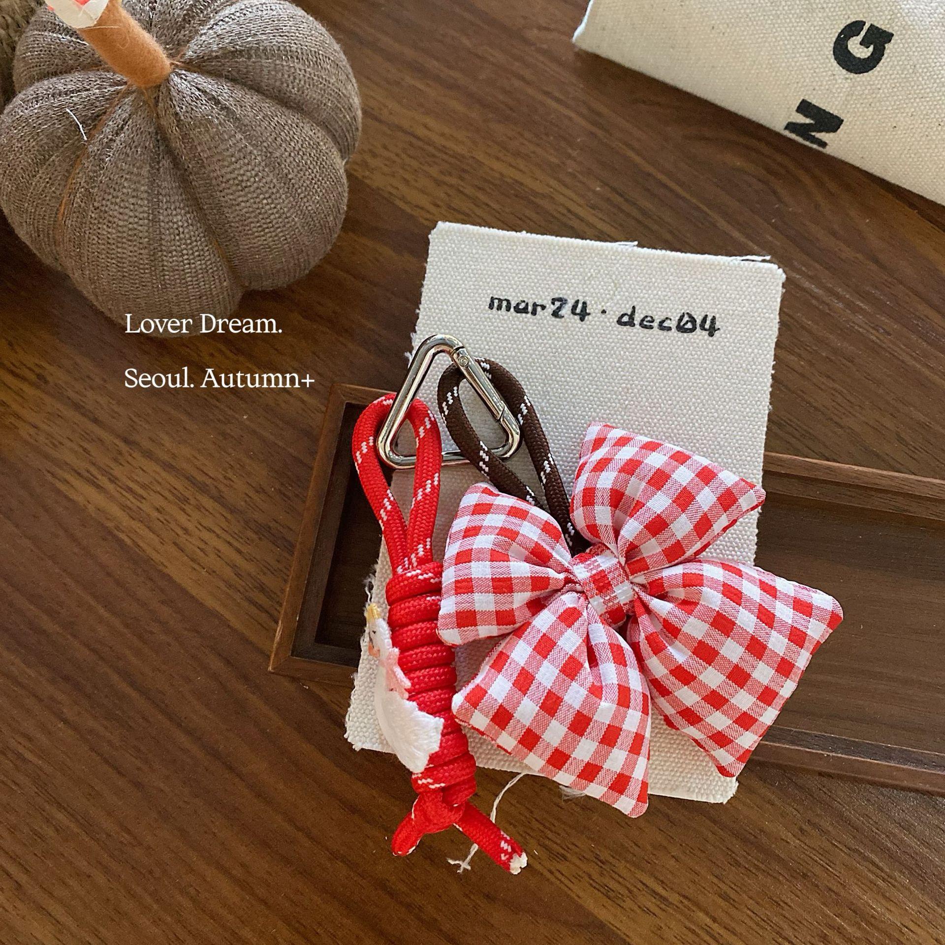 Handmade Plush Keychain Set, Cute Bear & Heart Bag Charms with Red Accents,Vintage Fabric Bear & Heart Keyrings,Handmade Plush Keychain, Bear & Heart