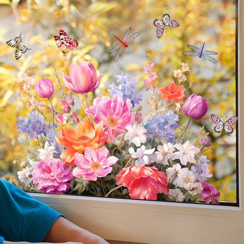 1PC PVC Removable Flower Window Stickers Daisy Tulip Butterfly Dragonfly Decorative Glass Stickers Static Stickers Home Decor