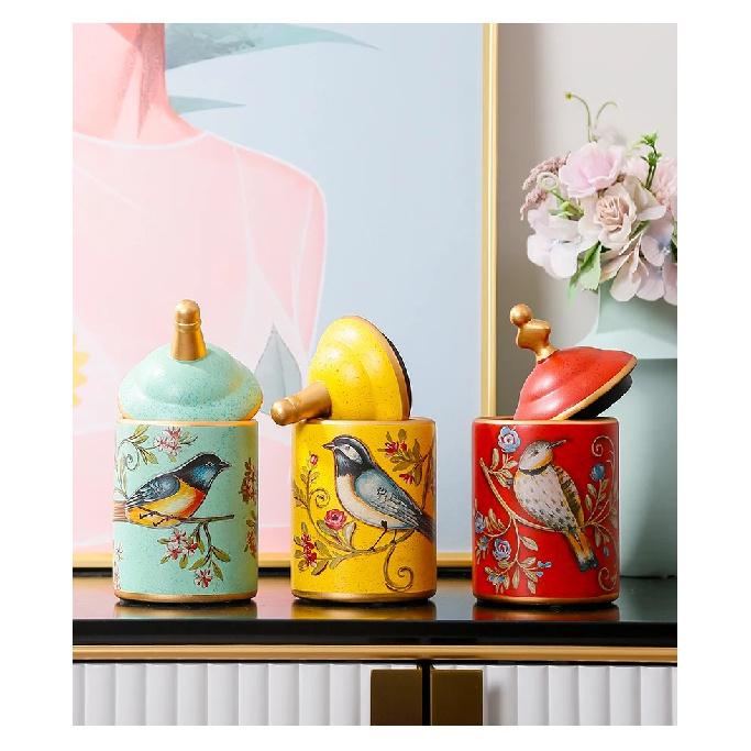 American Ceramic Storage Tank Pastoral Bird Printing Utensil Multifunction Tea Coffee Cup Painted Ceramics With Lid Jewelry Box