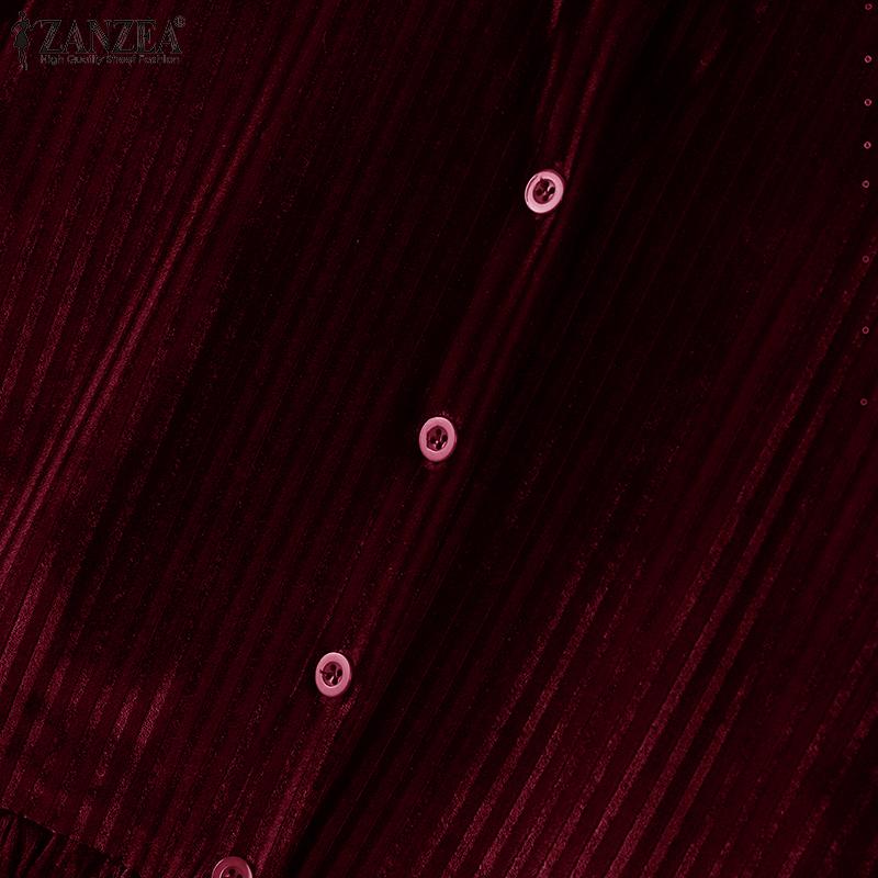 ZANZEA Damen Vintage Stehkragen Langarm Taille Samtkleider