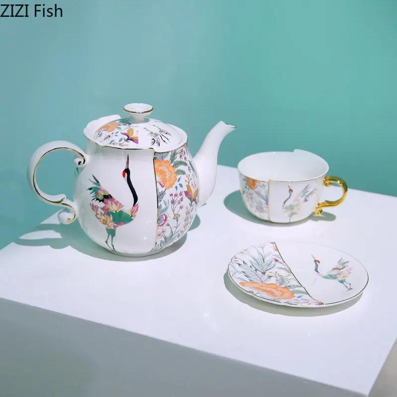 Fairy Crane Flower Pattern Ceramic Teapot Set Teacup Saucer Painted Gold-plated Coffee Cup Afternoon Tea Milk Fruit Juice Mugs