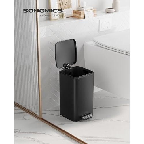 SONGMICS 8L Small Pedal-Operated Toilet Bin for Small Spaces, Soft-Close Lid, Steel, Black, LTB591B0802