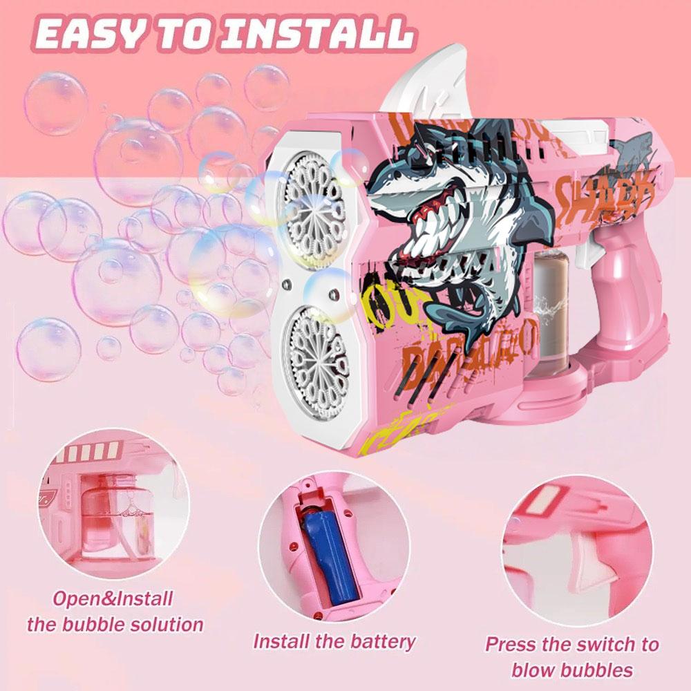 Children and adults' toy, glowing shark bubble gun, electrically fired bubble gun nozzle, essential toy for outdoor play, bubble