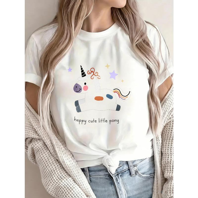 Niedliches Einhorn und Bär bedrucktes weißes T-Shirt für Damen lässiges Sommeroutfit modisches Oberteil mit Cartoon-Design für den täglichen Gebrauch und Freizeitaktivitäten