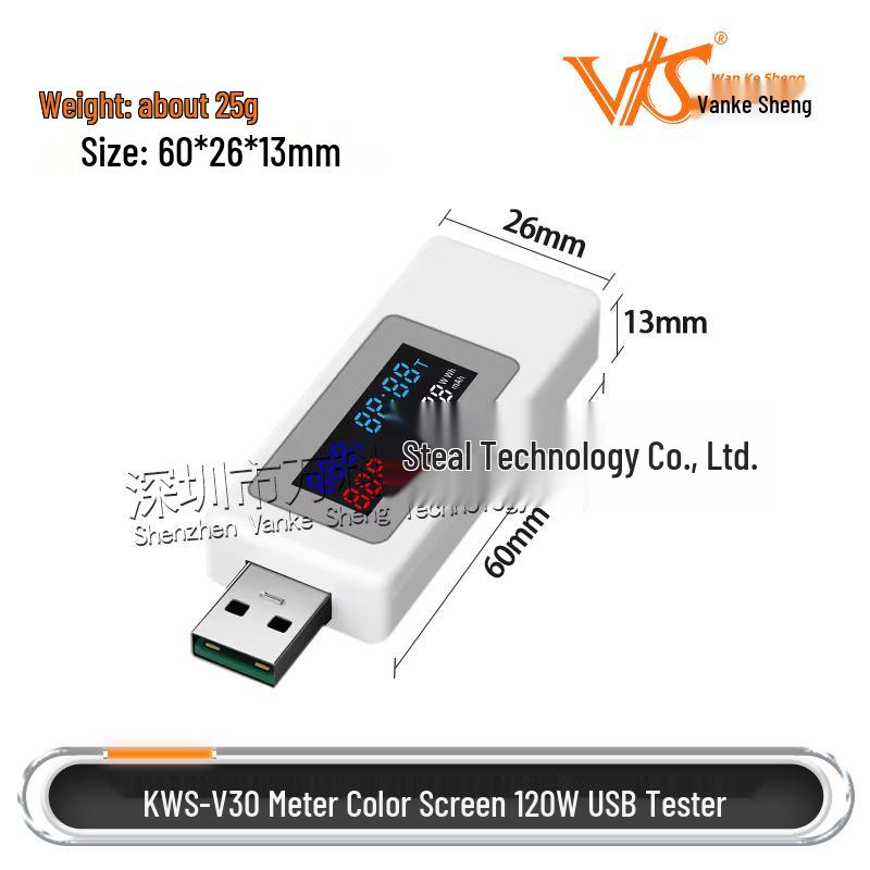 KWS-V30 120W USB Tester with Color Screen: Voltmeter & Ammeter
