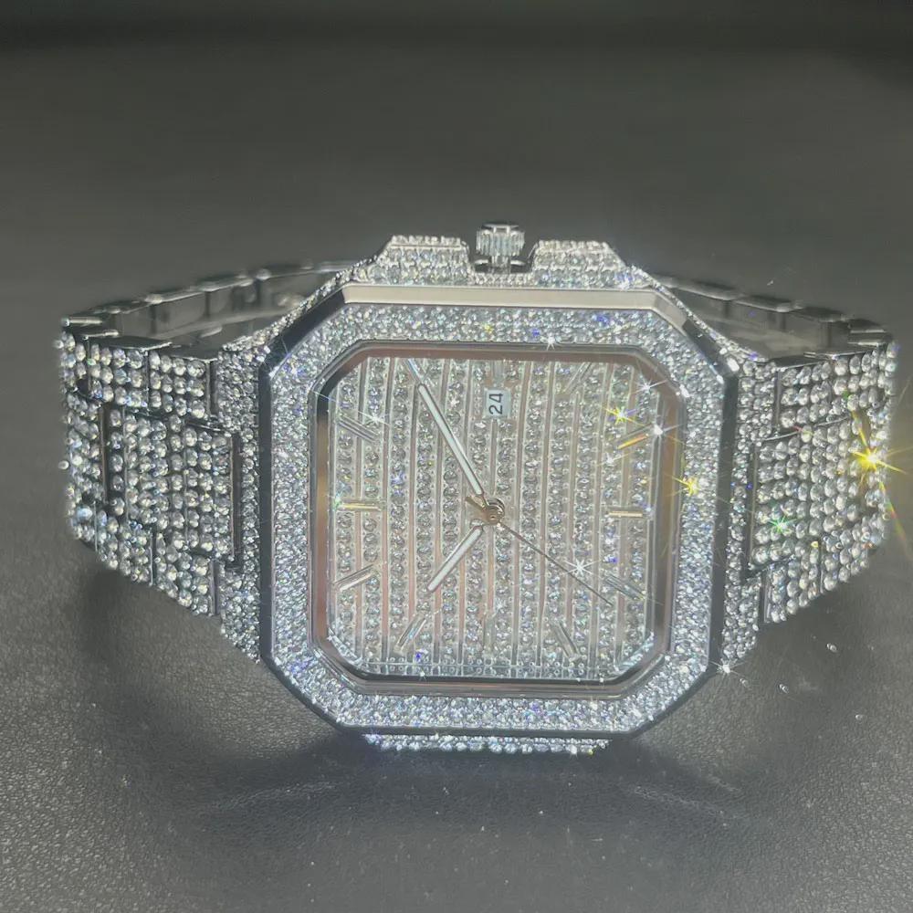 Watch For Men Luxury Gold Square Men's Wristwatch Alloy Strap Full Diamond Business Quartz Watch For Man Clock Gifts