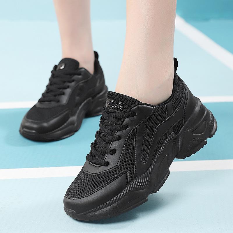 All Black Platform Dad Shoes Women's Breathable Mesh Sports Casual Shoes Lightweight Soft Sole Non-slip Comfortable Work Shoes Women
