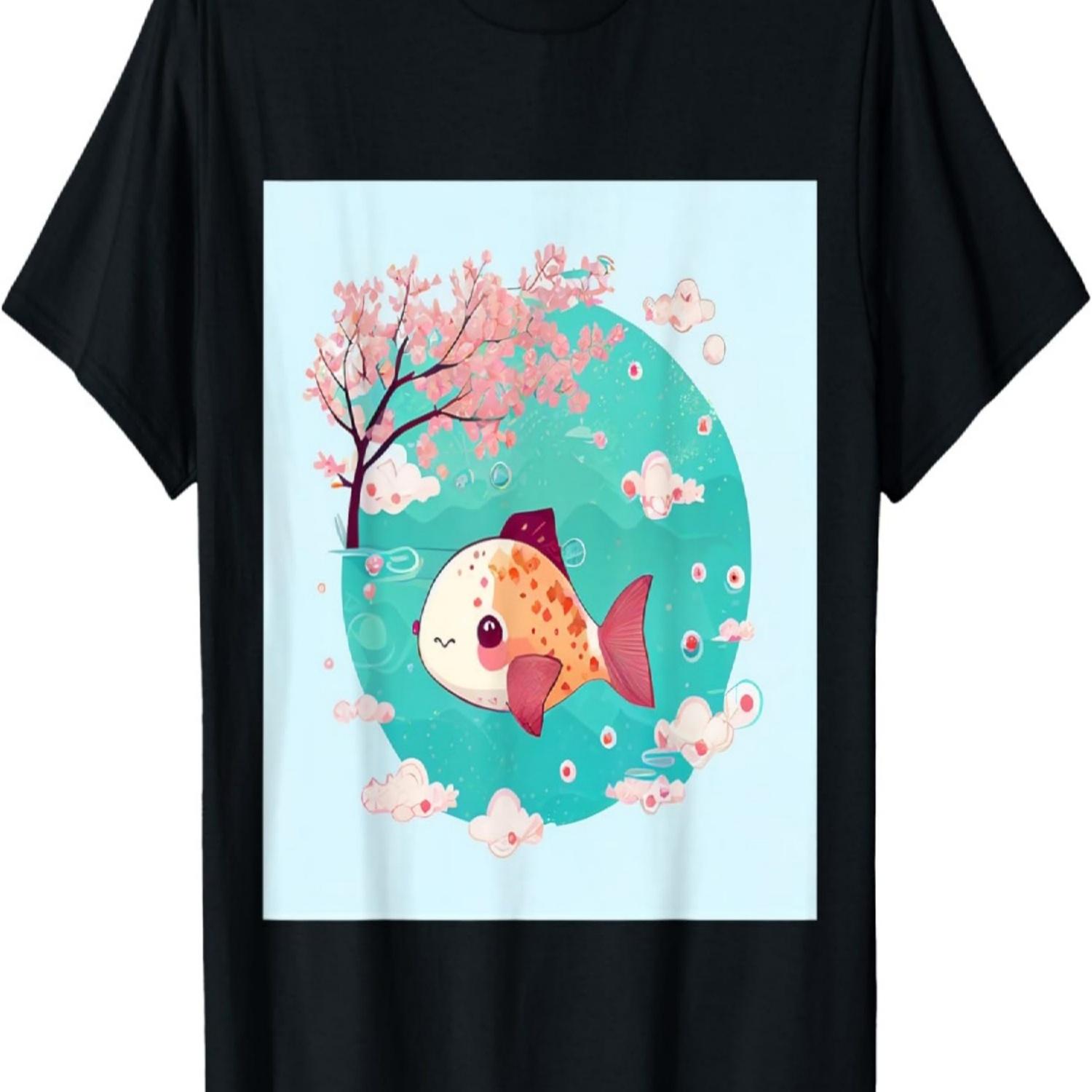 Cute fish swimming through water and clouds cherry blossom T-Shirt S чёрный