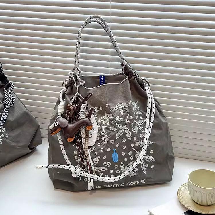 Japanese-Style Embroidered Large Capacity Fashionable Nylon Eco Shopping Bag - Versatile Commuter Handheld/Shoulder/Crossbody Tote