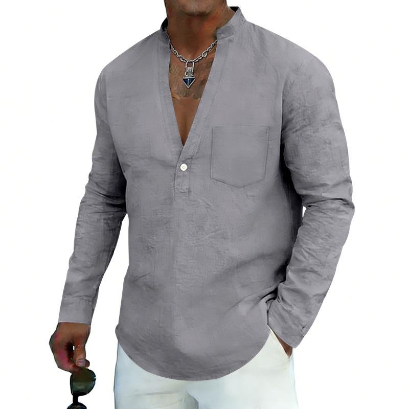 Loose-fit, breathable men’s casual linen shirt with a wide V-neck and a stand-up collar, ideal for outdoor wear