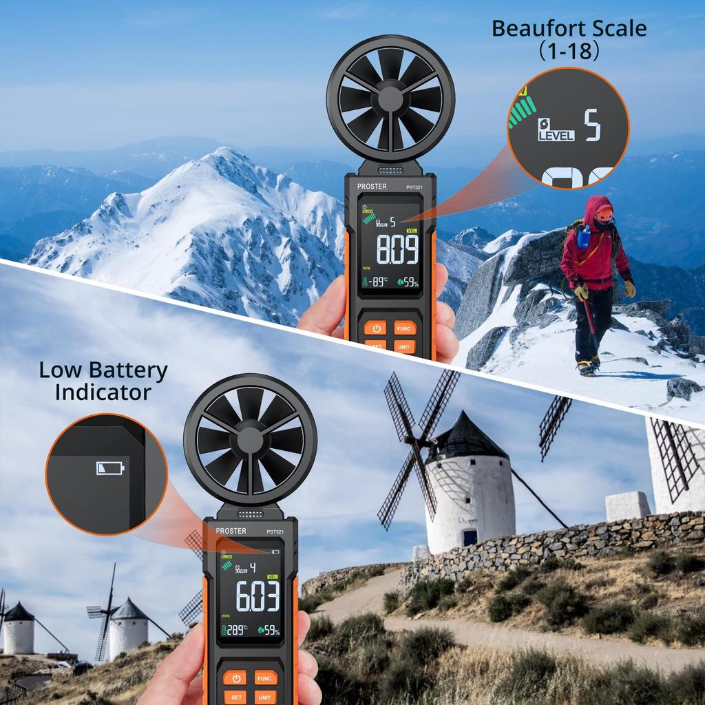 Proster Anemometer/Airflow Meter with 6 Measurement Units: Wind Speed/Airflow/Wind Force/Wind Temperature/Humidity/Dew Point Temperature/Wet Bulb Temp