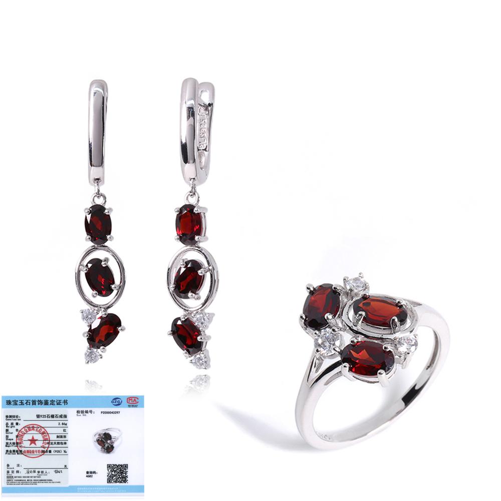 

Комплект ювелирных изделий из серебра 925 пробы с натуральными красными гранатовыми камнями, серьги и кольцо для женщин в качестве приятного подарка на день рождения US RING SIZE :9# красный
