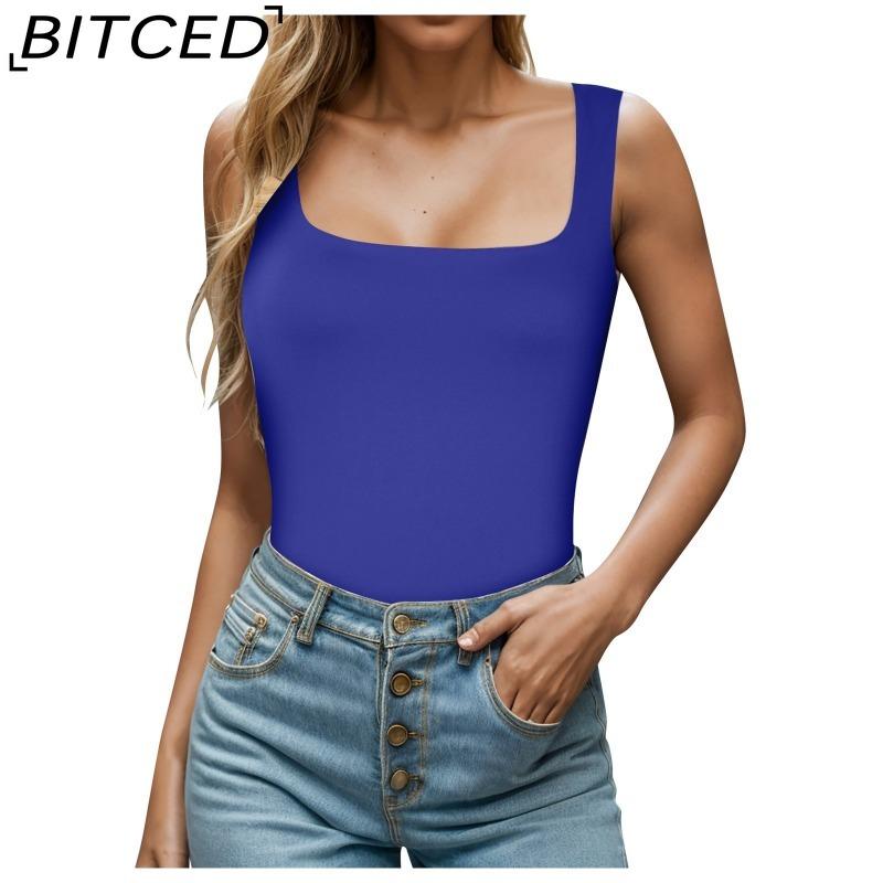 BITCED Women's Summer Square Neck Sleeveless Double-Layer Tank Top Basic Fitted T-Shirt