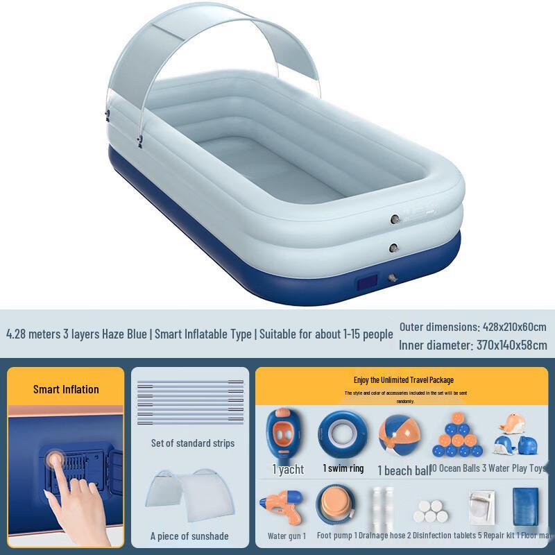 4.28m Inflatable Family Pool with Blue Sunshade Canopy