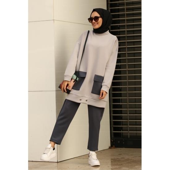 Costume islamice pentru femei, cu buzunar supradimensionat, cu talie elastică, hijab, costum casual și confort