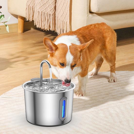 Dog Water Fountain 2.2L Stainless Steel Quiet Pet Fountain with Quadruple Filtration System Purification Fountain with Visual Water Level