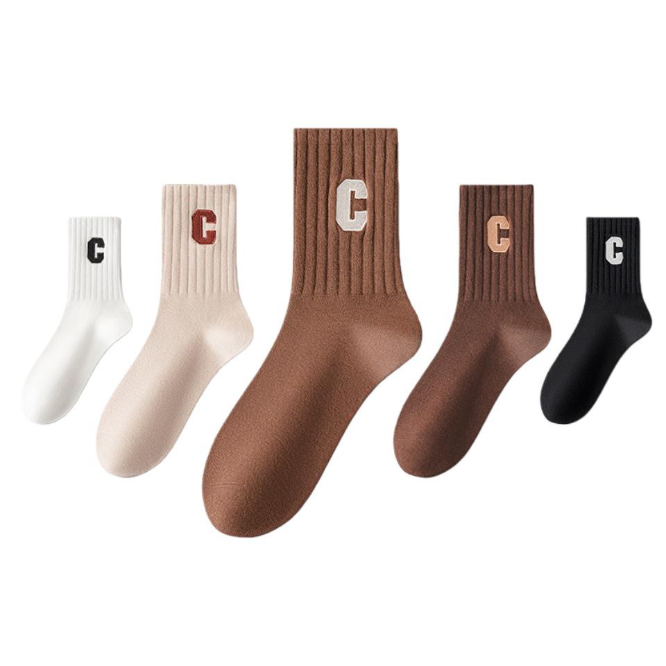 Women's Mid-calf Sweat-wicking Cotton Socks with Trendy Embroidered C Letter - Autumn/Winter Collection