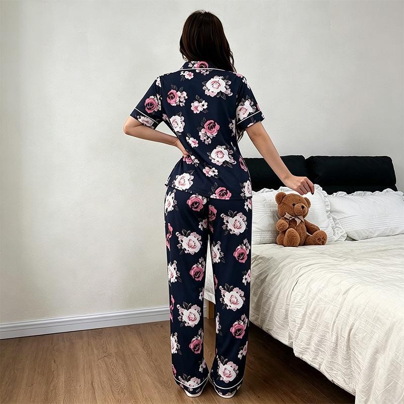 Pajamas women's summer plant print short-sleeved shirt trousers two-piece set women's loungewear pajamas